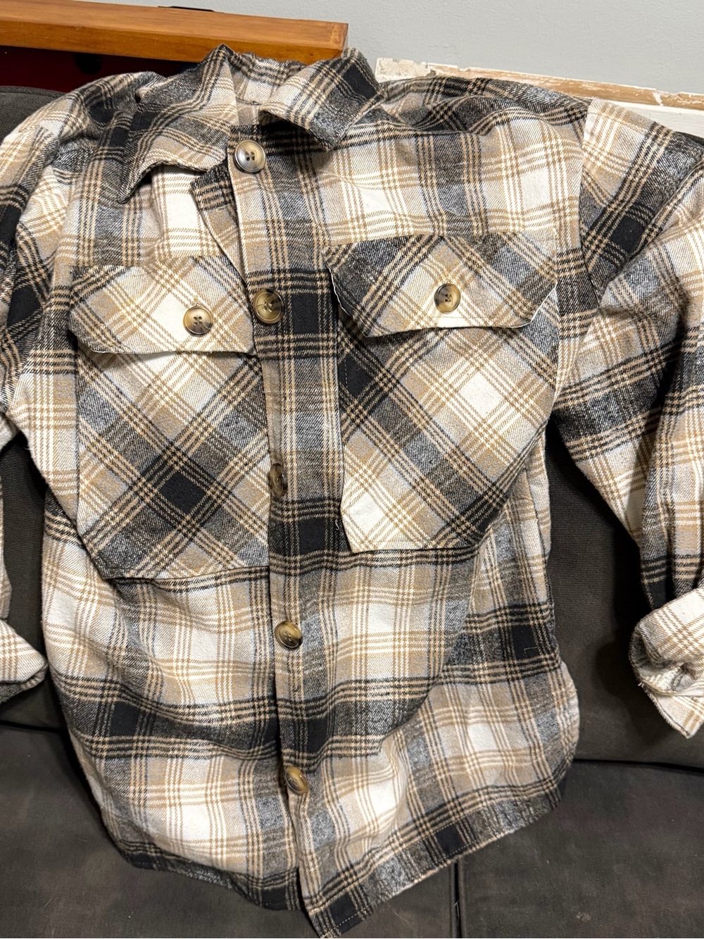 Classic Men's Plaid Flannel Shirt - Black, White & Tan
